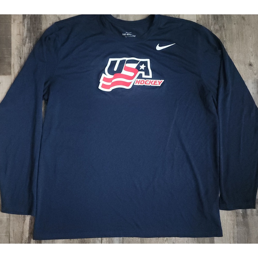 Nike USA Hockey Shirt Mens XL Navy Blue Long Sleeve Dri-FIT Athletic Tee